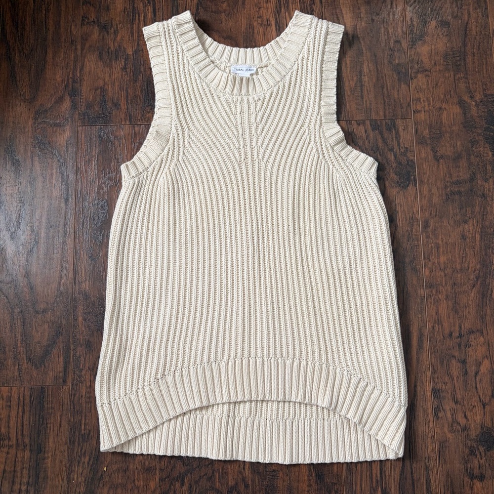 Cotton Cream Ribbed Knit Sleeveless Tank Sweater